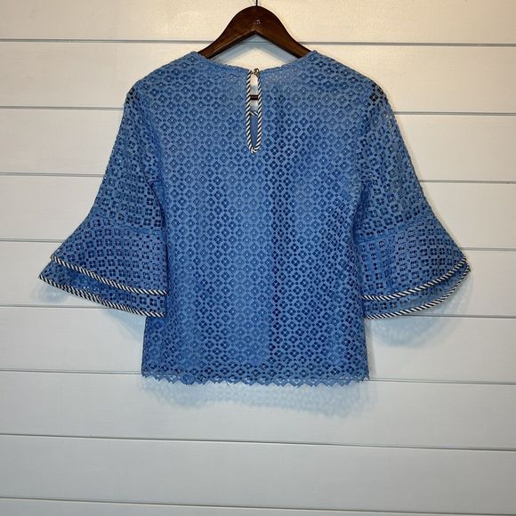 Draper James Size 4 Top Lattice Double Bell Sleeve Blue White Lace Sheer Easter - Picture 8 of 12